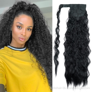 Long Corn Wave Ponytail Extensions Clip in 24 Inch  Wavy Curly Wrap Around Pony Tail Heat Resistant Fluffy Synthetic Hairpiece